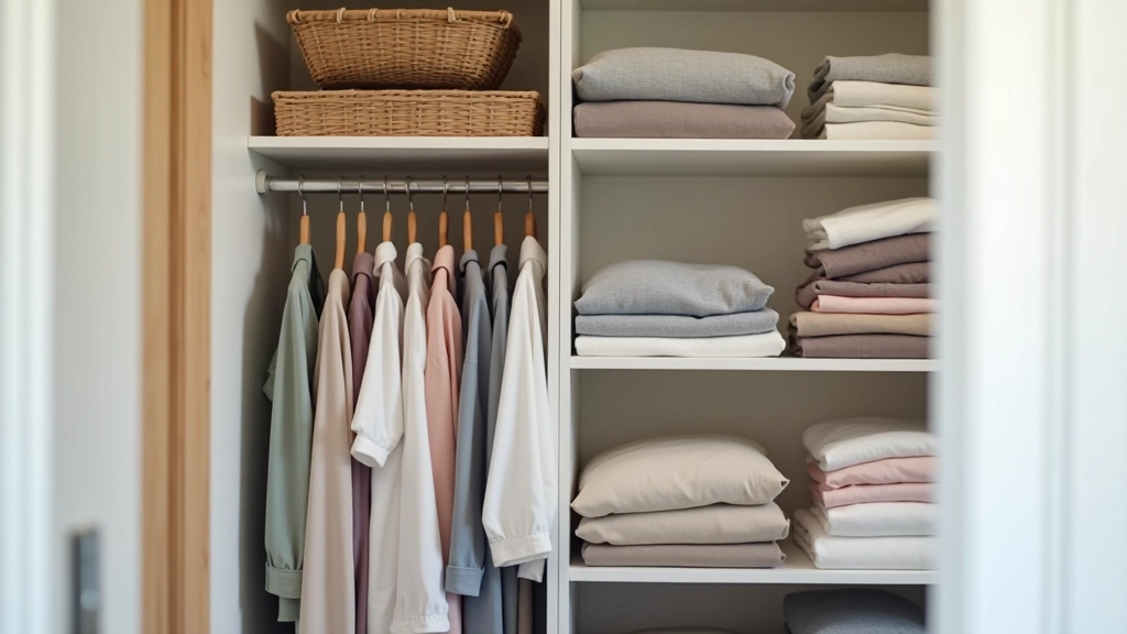 Organized closet with neatly arranged clothing hanging on rail and folded items displayed on shelf with color-coded organization
