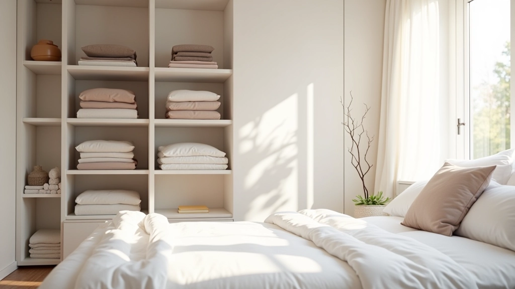 Organized bedroom with neatly arranged shelves and decluttered surfaces