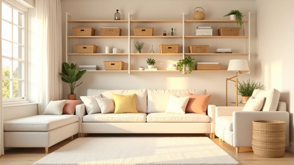 Modern living room with organized storage solutions and minimalist decor