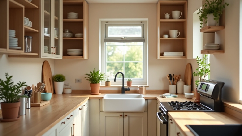 Organized kitchen with labeled containers, neat rows of dishes, and efficient cupboard storage, showing vertical space utilization