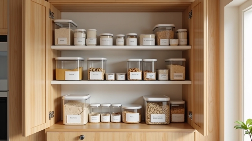 Organized kitchen cupboards with labeled containers and neatly arranged items on white shelves, demonstrating decluttering strategies for terraced house kitchens