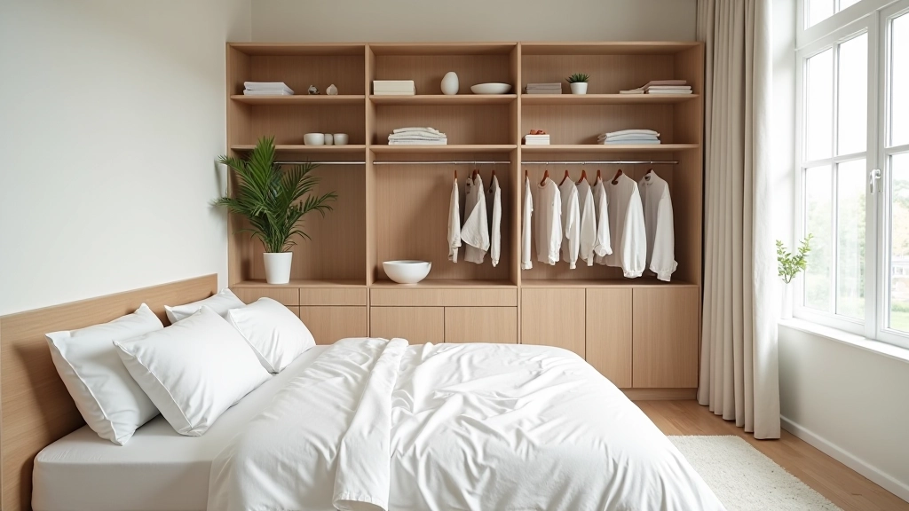 Modern bedroom with minimalist design showing organized shelves, vertical clothing storage, clear surfaces, and peaceful decluttered living space after KonMari method application