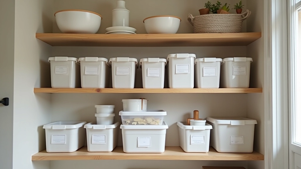 Professional storage organisation showing labelled containers and systematic arrangement of household items