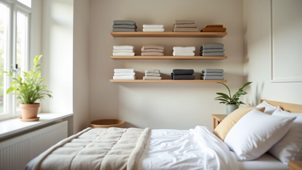 Spacious organized bedroom with wall-mounted shelving and neatly arranged items