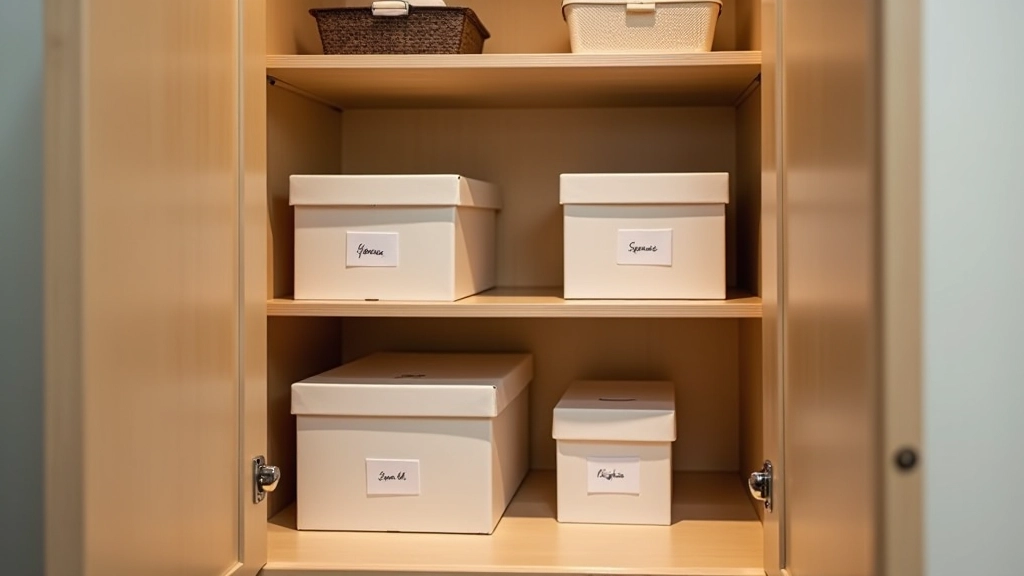 Organized under-stairs cupboard with labeled storage boxes, seasonal items, and clear categorization visible