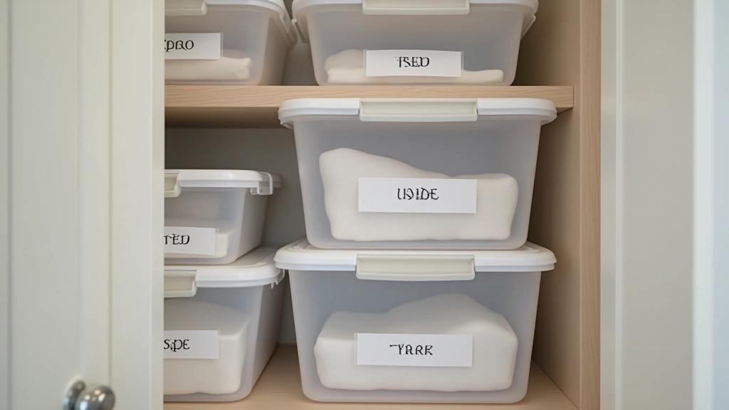 Under-stairs storage area with clear plastic storage boxes neatly organized on shelves, labeled containers, efficient space utilization in tight terraced house cupboard