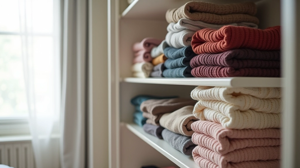 Neat stack of folded sweaters and seasonal clothing organized by color in wardrobe shelving