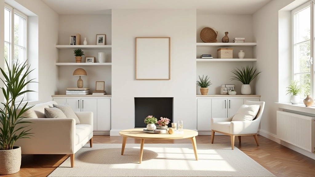Organized living room with minimalist furniture arrangement, clear sight lines, and thoughtful storage solutions demonstrating space optimization