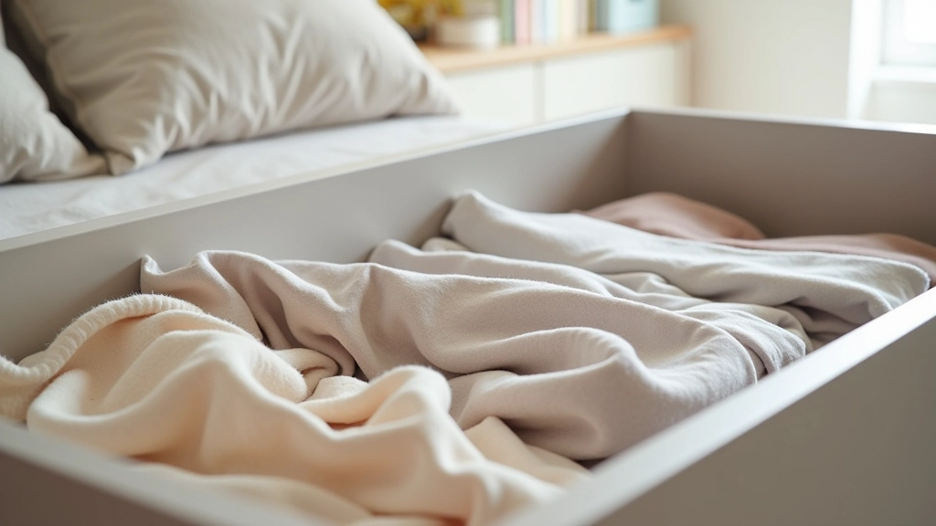 Under-bed storage boxes filled with folded seasonal clothes, labeled storage containers visible under bed frame