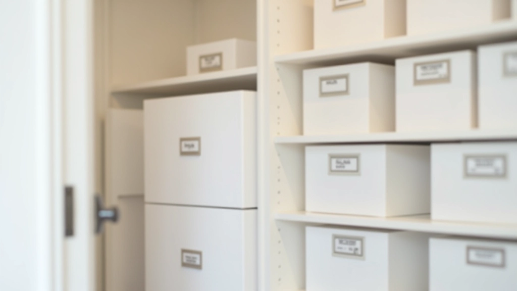 Cluttered under-stairs space transformed into organized storage with labeled boxes and shelving