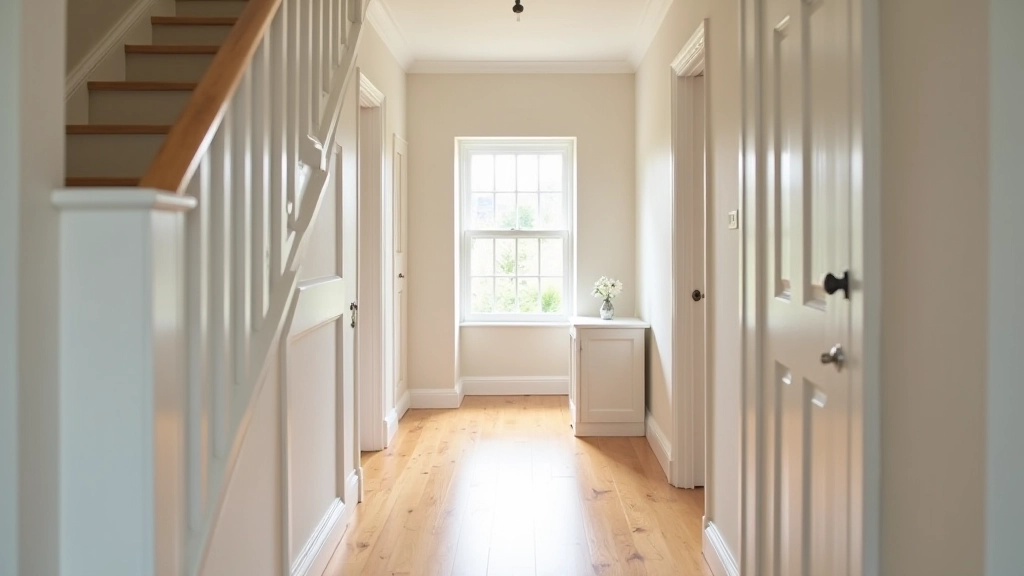 Clean, uncluttered hallway with visible floorboards, minimal wall decorations, and open staircase showing good circulation space