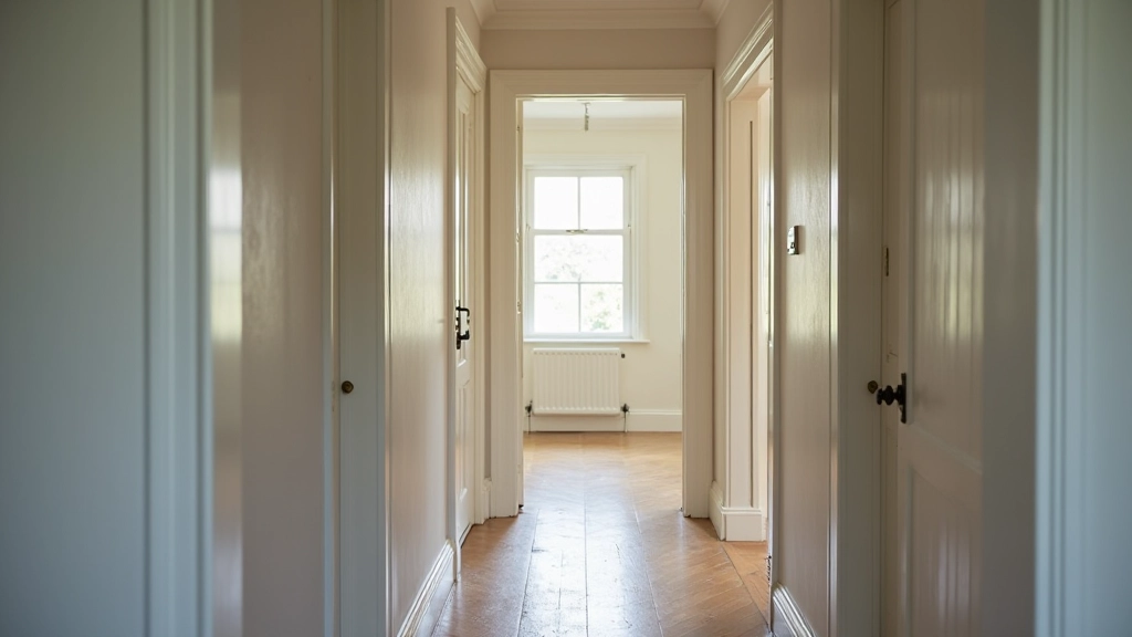 Interior view of a traditional terraced house hallway with narrow walls and period features, showing typical layout challenges