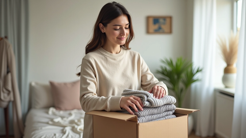 Woman folding and organizing sweaters into storage container, seasonal wardrobe rotation process