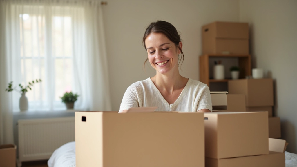Woman organizing storage boxes with satisfaction in a tidy bedroom