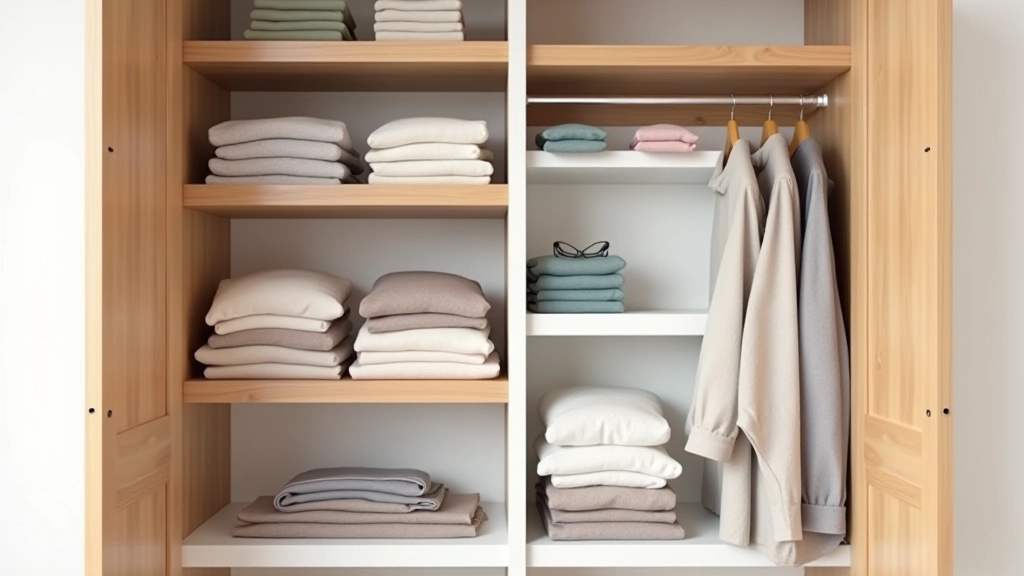 Organized wardrobe with folded clothes on shelves, arranged by color and type